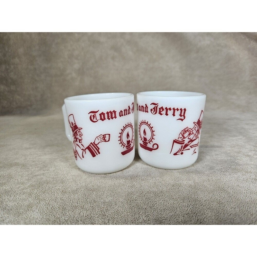 2 Tom & Jerry Milk Glass Mugs Vintage Egg Nog Punch Coffee Holiday Hazel Atlas